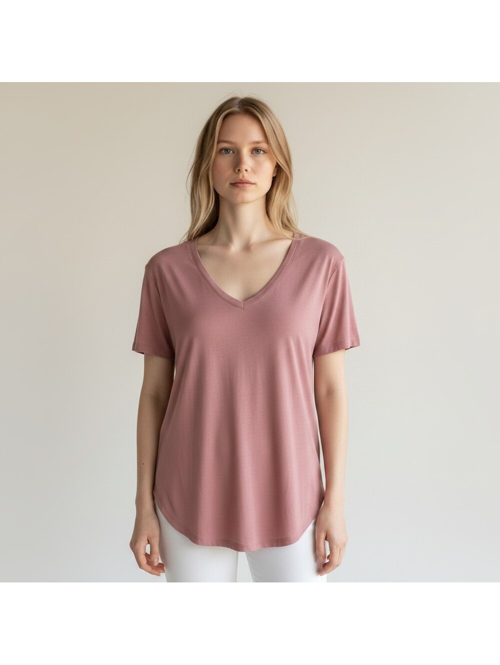 New Monob T-Shirt Women M Medium Pink V-Neck Short Sleeve Rayon Casual Solid